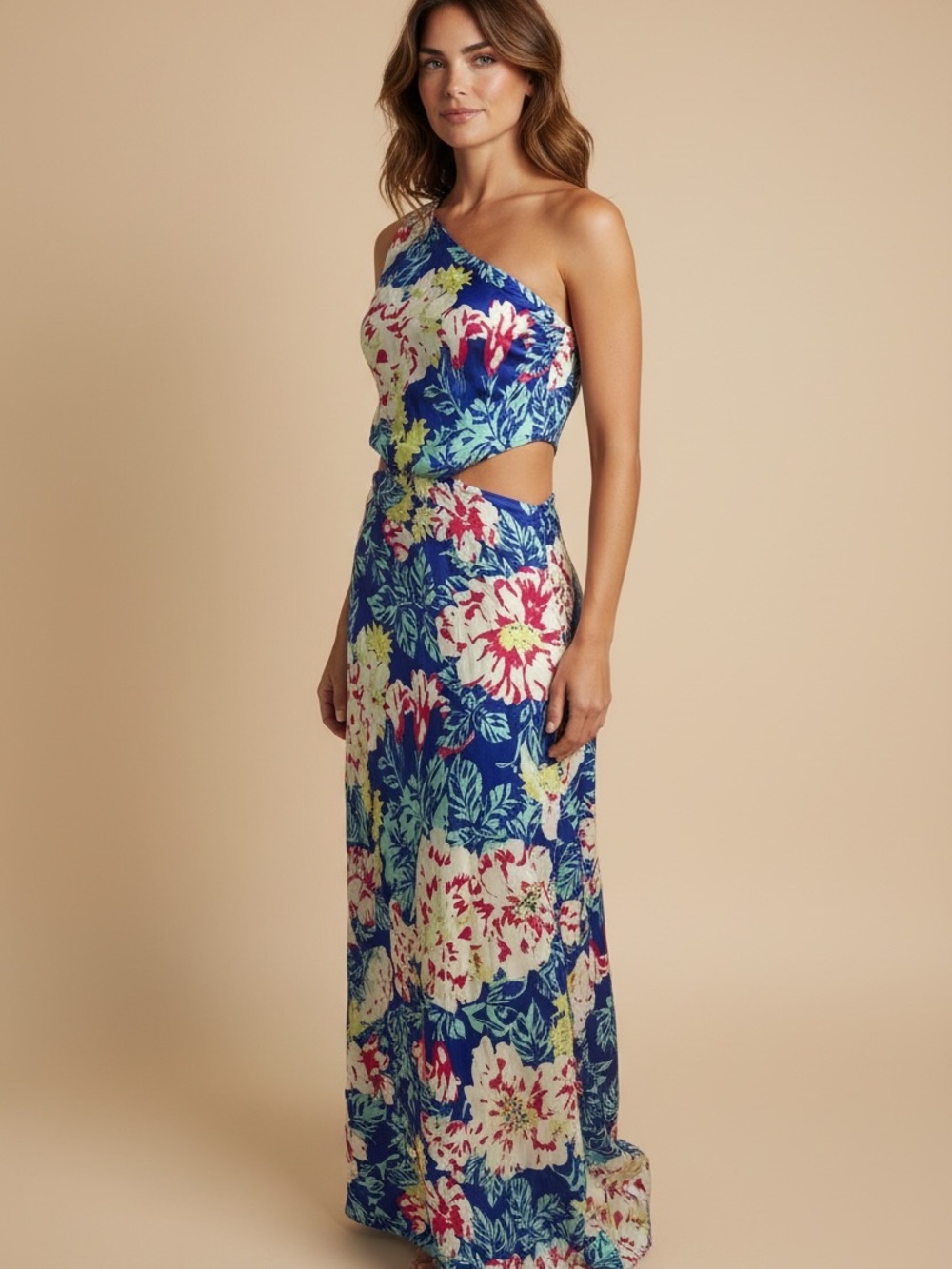 Forever 21 Blue Floral One-Shoulder Cutout Maxi Skirt